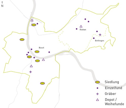 Auf der Kantonskarte sind Fundstellen der Bronzezeit eingetragen: mehrere Siedlungen in Basel, Gräber in Basel und Riehen, Depot/Weihefunde in Basel und Riehen und verschiedene Einzelfunde im Kanton.