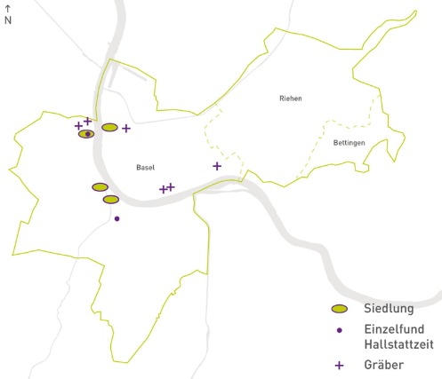 Auf der Kantonskarte sind die Fundstellen der Eisenzeit eingetragen: mehrere Siedlungen entlang des Rheins und Gräber in Basel. Riehen und Bettingen sind fundleer.