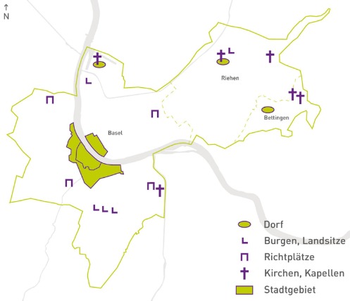 Auf der Kantonskarte sind Fundstellen des Hoch- und Spätmittelalters eingetragen: Stadtgebiet von Basel, Dörfer in Kleinhüningen, Riehen und Bettingen, Burgen und Landsitze, Richtplätze und Kirchen und Kapellen.