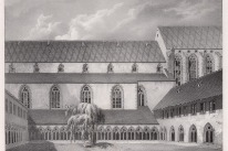 Die Litographie in Schwarz-Weiss aus dem 19. Jahrhundert zeigt den Blick in den Klosterhof des ehemaligen Barfüsserklosters.