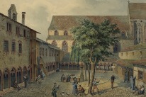 Das farbige Bild zeigt den Innenhof der Irrenanstalt. Patienten stehen, sitzen und spazieren im ehemaligen Kreuzgarten.