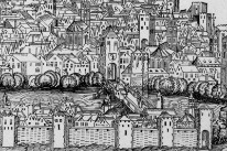 Die Mittlere Brücke von Basel als Beispiel einer mittelalterlichen Brückenkonstruktion aus Holz. Bildausschnitt aus der Weltchronik von Hartmann Schedel (Nürnberg 1493).