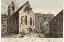 Aquarellzeichnung der Andreaskirche, kurz vor 1792 entstanden, Bild ist in gedämpften Farben gehalten, im Vordergrund vor der Kapelle ist eine erwachsene Frau, zwei Kinder und eine Schar Gänse und Hühner ersichtlich